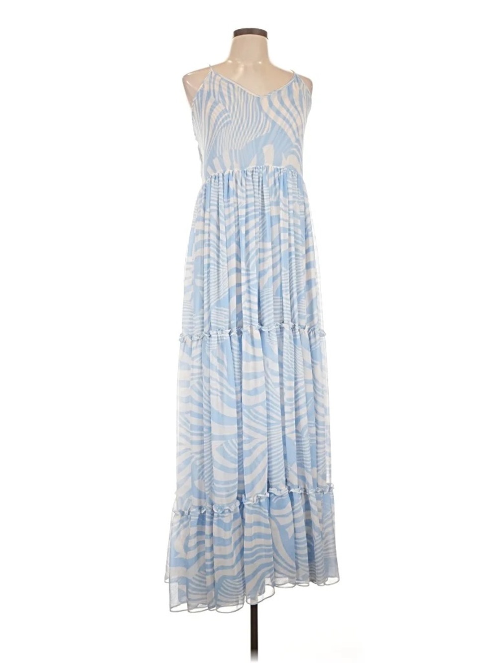 Misa Los Angeles Light Blue & White Sleeveless Tiered Maxi Dress